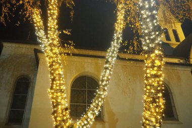 Parlayan küçük ampullerden oluşan çelenkler, karanlık bir parkta ağaçta asılı duran ve sallanan. Yeni yıl ve Noel teması. Neşeli bir atmosfer. Güzel açık hava dekorasyonları. Xmas neşesi.