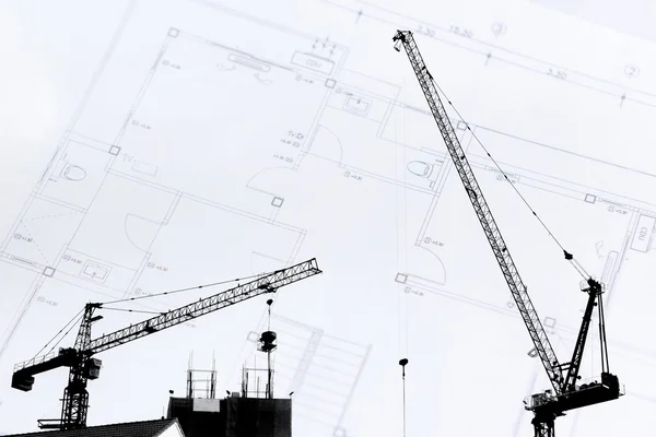 Construction site with cranes on silhouette with drawing backgro — Stock Photo, Image