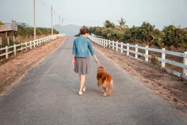 Belle femme avec un chien golden retriever mignon — Photo