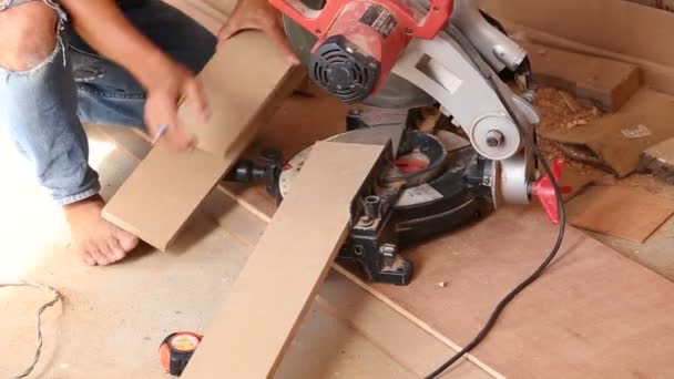 Ξυλουργός περικοπή ξύλο για τα νέα έπιπλα κάνουν χρήση πριονιών — Αρχείο Βίντεο