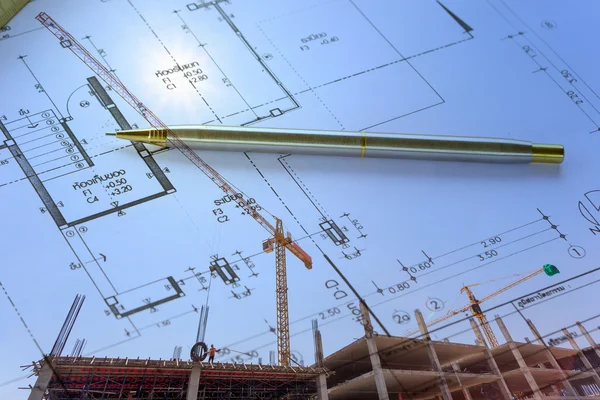 Construction site with arcchitecture blueprint — Stock Photo, Image