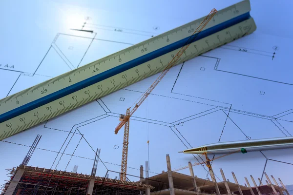 Construction site with arcchitecture blueprint — Stock Photo, Image