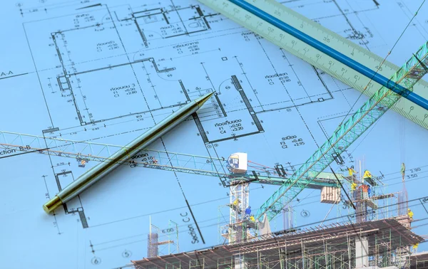 Construction site with arcchitecture blueprint — Stock Photo, Image