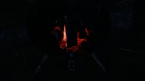 Feuer und Grill in der Nacht — Stockvideo