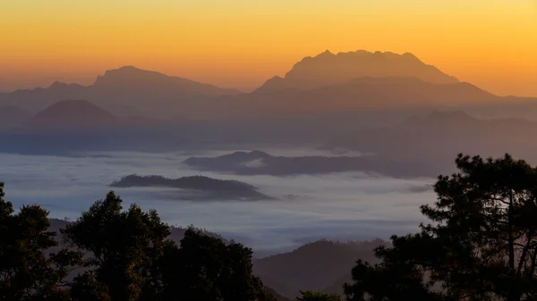 Névoa com grande montanha de manhã — Fotografia de Stock