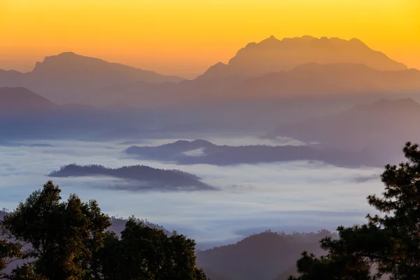 Dimma med stort berg på morgonen — Stockfoto