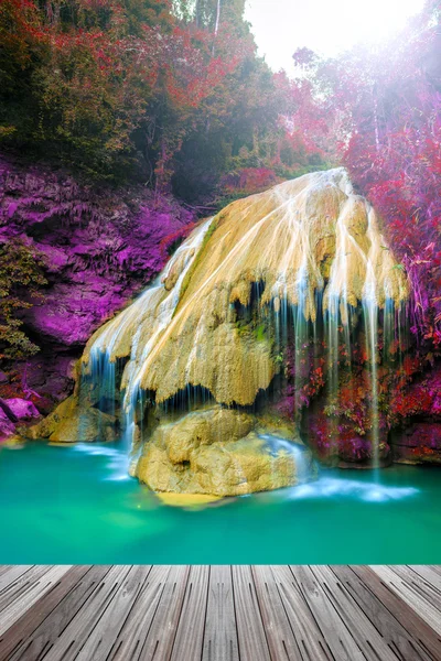 Wonderful waterfall in thailand  with wooden floor — Stock Photo, Image