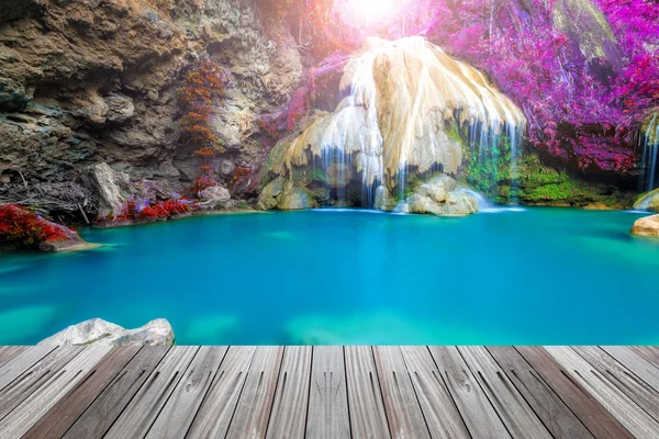 Wonderful waterfall in thailand  with wooden floor — Stock Photo, Image