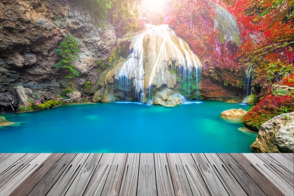 Wonderful waterfall in thailand  with wooden floor — Stock Photo, Image