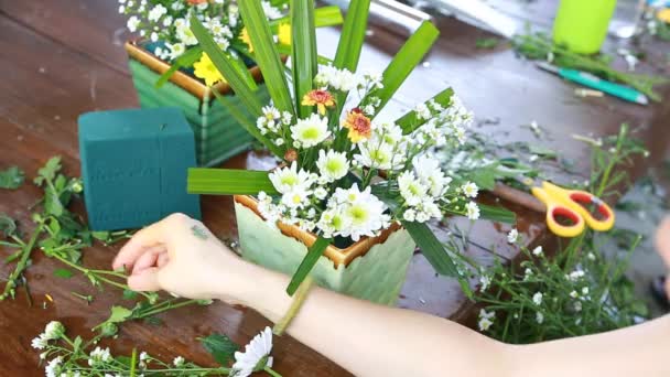 Mujer preparando ramo de flores — Vídeo de stock