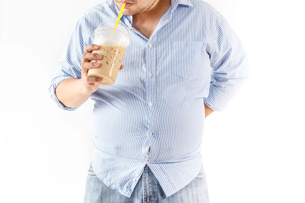 Tlustý muž pít kávu — Stock fotografie