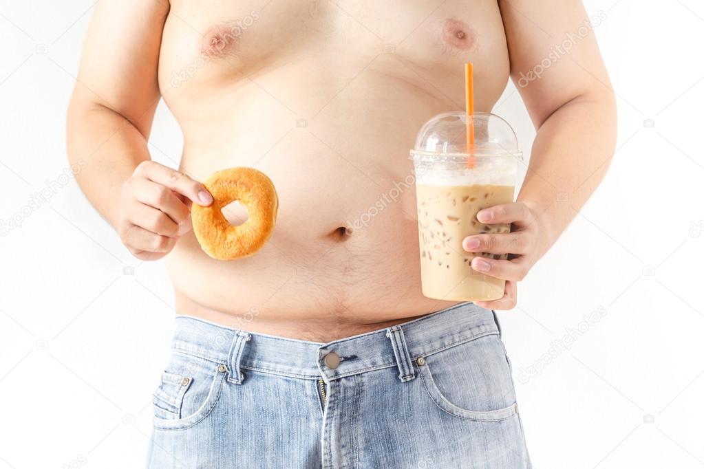 Fat man with donut and coffee