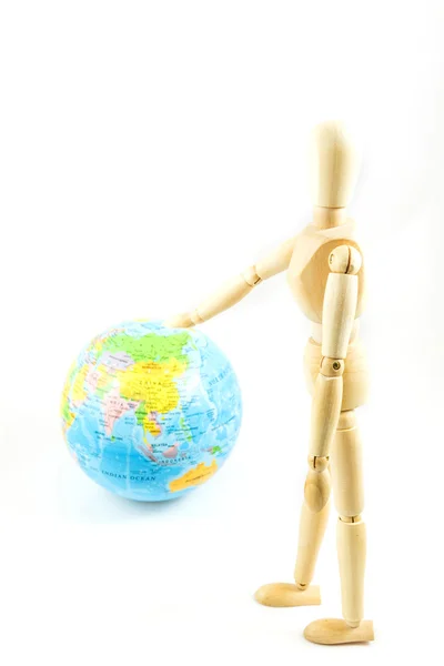 Dummy wooden with world map on white background — Stock Photo, Image
