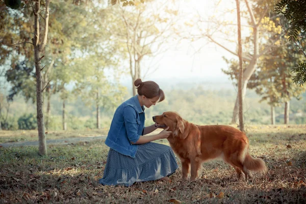Szép nő, egy aranyos golden retriver kutyák — Stock Fotó