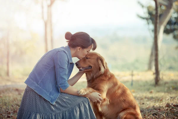 Mulher bonita com um cão bonito golden retriver — Fotografia de Stock