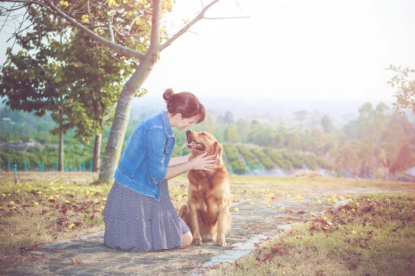 Golden retriever pies i piękna kobieta — Zdjęcie stockowe