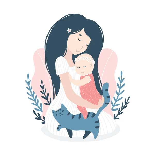 Hugging mom with a baby daughter with a cat in summer flowers, daisies. Cute cartoon childish illustration in simple hand-drawn style in a pastel palette. — Stock Vector
