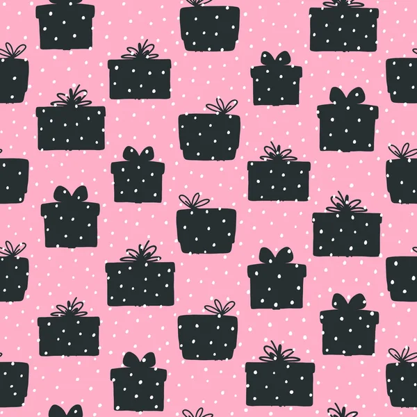 Karácsonyi Ajándékdobozok Zökkenőmentes Minta Fekete Sziluettek Rózsaszín Háttérrel Divatos Vektor — Stock Vector