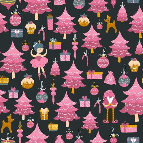 Árvore Natal Santa Bailarina Caixas Presentes Sem Costura Padrão Ilustração — Vetor de Stock