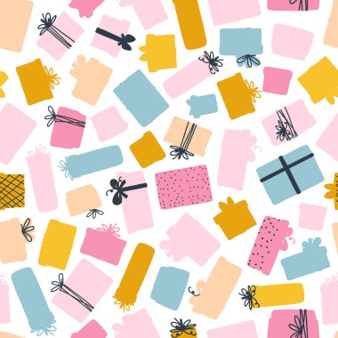 Noel hediyeleri kutuları kusursuz desenli. Elle çizilmiş çocuksu İskandinav tarzında bir vektör illüstrasyonu. Pastel palet baskı, kumaş ve tekstil için idealdir.