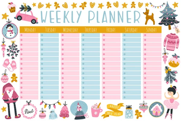 Christmas Weekly Planner Cute Characters Holiday Items Fashionable Vector Illustration — Stock Vector