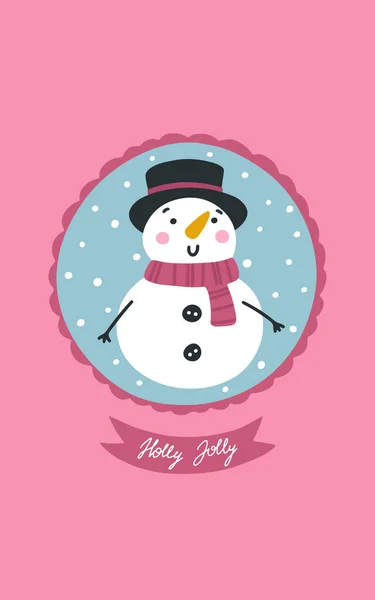 Weihnachtskarte Mit Lustigem Schneemann Schriftzug Holly Jolly Nette Vektorillustration Handgezeichneten — Stockvektor