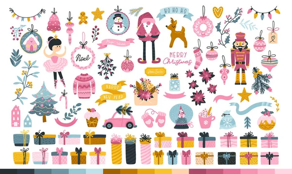 Gran set de Navidad para una princesa. Lindos personajes, Santa Claus, juguetes, árbol de Navidad, dulces y regalos. Linda paleta de dulces. Ilustración vectorial en estilo escandinavo infantil dibujado a mano. Paleta de pasteles — Vector de stock