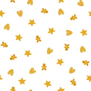 Noel kurabiyeleri kusursuz desen. Tatiller için süslenmiş zencefilli kurabiyelerin el yapımı illüstrasyonları. Kalpli ve yıldızlı zencefilli adam..