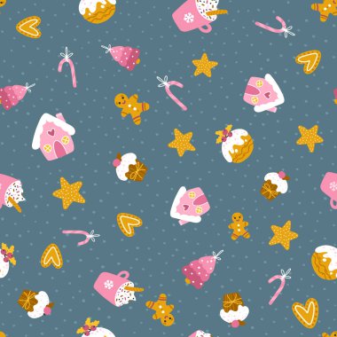 Noel tatlıları kusursuz bir desen. Elle çizilmiş kek örnekleri, farklı şekil ve şekillerde zencefilli kurabiyeler, bayramlar için süslenmiş. Şirin Pastel Paleti.