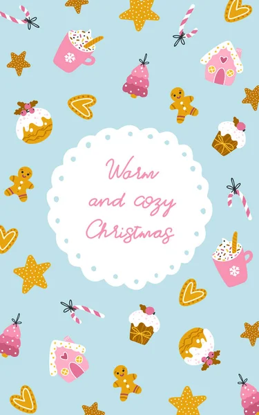 Cartão Natal Com Doces Vetor Desenhado Mão Ilustração Cupcakes Biscoitos — Vetor de Stock