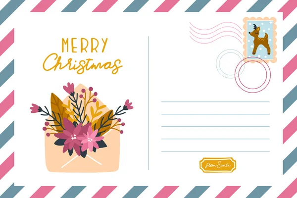 Cartão Postal Natal Com Envelope Floral Ilustração Vetorial Desenhada Mão — Vetor de Stock