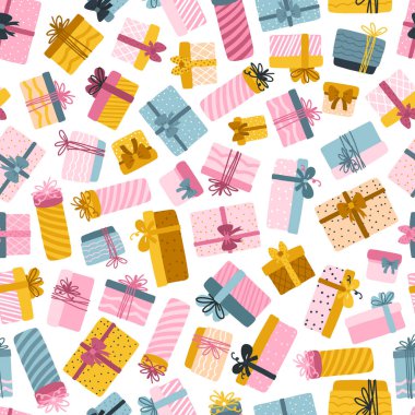 Noel hediyeleri kutuları kusursuz desenli. Elle çizilmiş çocuksu İskandinav tarzında bir vektör illüstrasyonu. Pastel palet baskı, kumaş ve tekstil için idealdir.