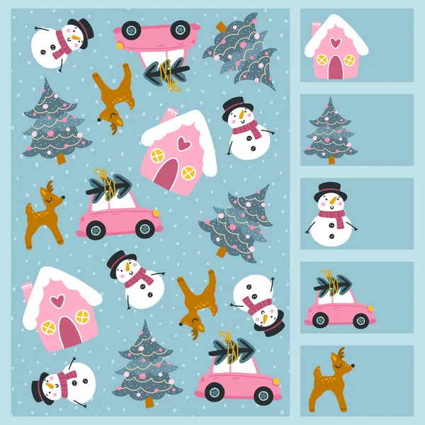 クリスマススパイゲーム どれだけの量を見つけて書き込みます 冬の要素 ピンクのパレットに雪だるま 子供の発達のためのボードゲーム 楽しい休日 単純なスタイルでベクトル手描きの漫画のイラスト — ストックベクタ