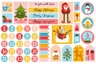 Noel şablonları ve etiketleri sevimli karakterler ve farklı şekillerde neşeli elementler içeren hediyeler için hazırlanmış, çocuksu bir el çizimi tarzında, harflerle ve gelecek takvim için rakamlarla..