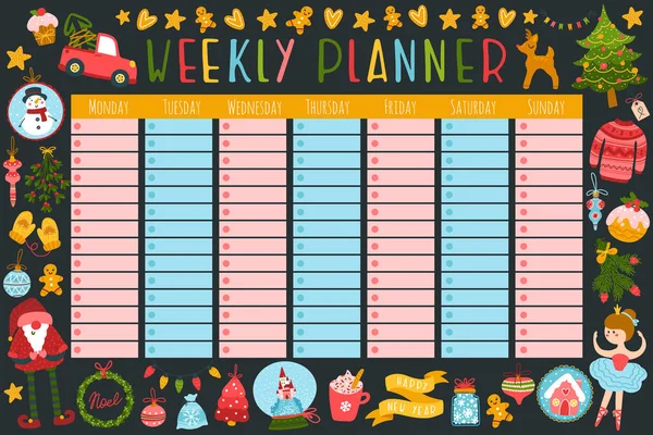 Christmas weekly planner with cute characters and holiday items. Fashionable vector illustration in childish hand-drawn style. Limited palette ideal for printing — Stock Vector