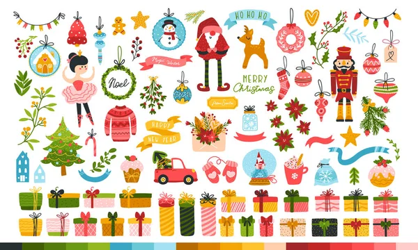 Μεγάλο χριστουγεννιάτικο σετ για μια πριγκίπισσα. Χαριτωμένοι χαρακτήρες, Άγιος Βασίλης, παιχνίδια, χριστουγεννιάτικο δέντρο, γλυκά και δώρα. Ωραία παλέτα με γλυκά. Εικονογράφηση διάνυσμα σε παιδιάστικο σκανδιναβικό στυλ — Διανυσματικό Αρχείο
