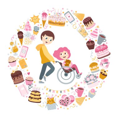 Oğlan kızı tekerlekli sandalyede taşıyor. Arkadaşlar, sevgililer. Festival elementlerinden oluşan bir çember. Dostane bir kartpostal. Elle çizilmiş şirin bebek çizimleri.
