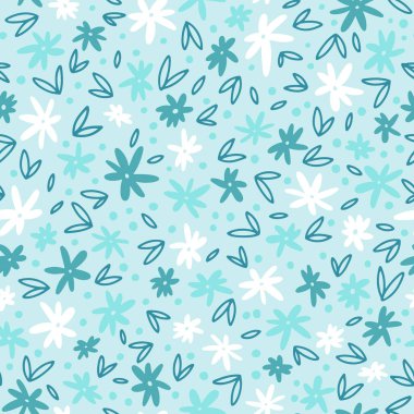 Küçük naif çiçeklerle kusursuz bahar deseni. Küçük düz papatyalı dijital kağıt. Pastel renklerle elle çizilmiş vektör çizimi. Tekstil ve kumaş baskısı için ideal.