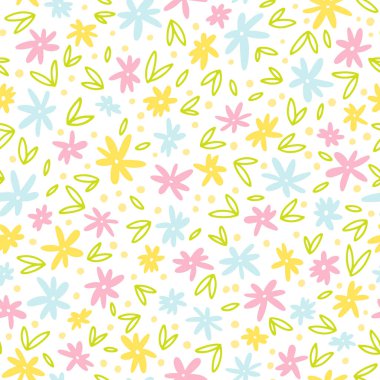 Küçük naif çiçeklerle kusursuz bahar deseni. Küçük düz papatyalı dijital kağıt. Pastel renklerle elle çizilmiş vektör çizimi. Tekstil ve kumaş baskısı için ideal.