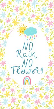 Bahar kartı afişi. Yağmur yok, çiçek yok. Küçük çiçeklerin arka planına karşı dikey kompozisyon. Gökkuşağının sevimli renkli çocuksu çizimi, yağmurlu ve güneşli bulutlar..