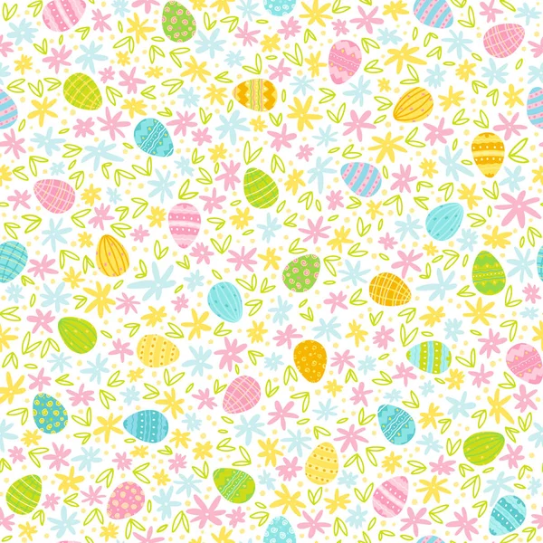 Paskalya yumurtaları ve küçük naif çiçeklerle bahar arkaplanı. Dijital kağıt. Pastel renklerle elle çizilmiş vektör çizimi. Tekstil ve kumaş baskısı için ideal. — Stok Vektör