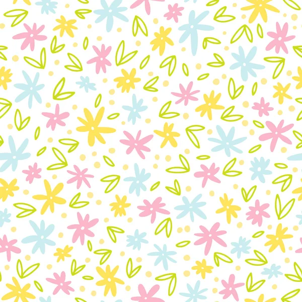 Motivo senza cuciture primavera con piccoli fiori ingenui. Carta digitale con piccole margherite. Illustrazione vettoriale disegnata a mano in colori pastello. Ideale per tessuti, stampa su tessuto. — Vettoriale Stock