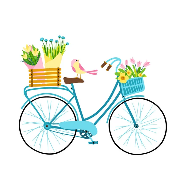 Illustration Printemps Mignon Vélo Féminin Avec Des Fleurs Panier Boîte — Image vectorielle