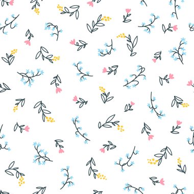Çiçeksiz, küçük çiçekli vektör deseni. Basit bir el çizimi tarzı. Motifler özgürlüğü dağıttı. Kumaş, tekstil ve duvar kâğıdı için oldukça kalitesiz. Beyaz arkaplanda dijital kağıt