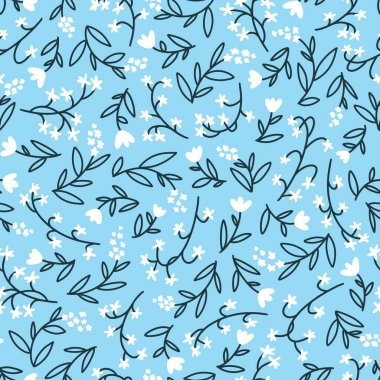 Çiçeksiz, küçük çiçekli vektör deseni. Basit bir el çizimi tarzı. Motifler özgürlüğü dağıttı. Kumaş, tekstil ve duvar kâğıdı için oldukça kalitesiz. Mavi arkaplanda dijital kağıt