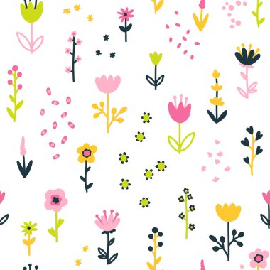 Çiçekli bahar çiçeksiz vektör deseni. Basit bir el çizimi tarzı. Motifler özgürlüğü dağıttı. Kumaş, tekstil ve duvar kağıtları için oldukça eski bir İskandinav geçmişi var. Renkli dijital kağıt