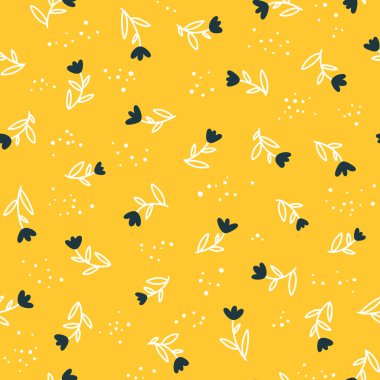 Çiçeksiz, küçük çiçekli vektör deseni. Basit bir el çizimi tarzı. Motifler özgürlüğü dağıttı. Kumaş, tekstil ve duvar kâğıdı için oldukça eski bir geçmiş. Sarı renkli dijital kağıt.