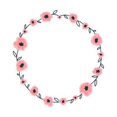 Şirin kır çiçekleriyle yuvarlak çiçek desenli. Basit bir karikatür çizimi. Oldukça aptal İskandinav karalaması. Vektör beyaz arkaplanda izole edildi. İlkbahar illüstrasyonu