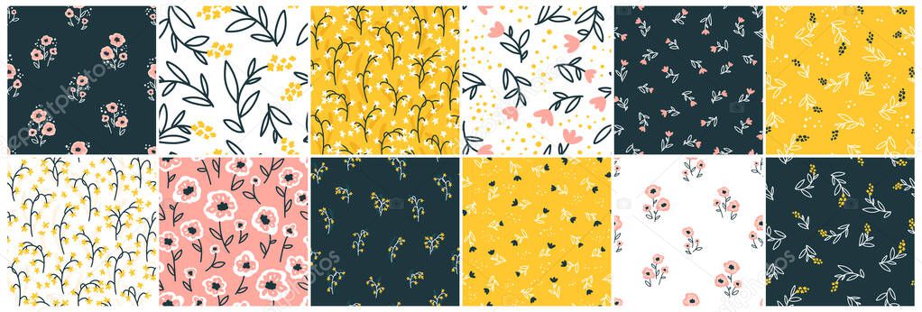 Collection Floral seamless pattern with cute small flowers. Simple doodle hand-drawn style. Motifs scattered liberty. Pretty ditsy for Millefleurs fabric, textile, wallpaper. Vector Digital paper