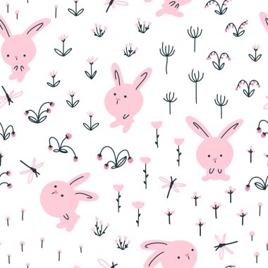 Orman tavşanı kusursuz desen. Çiçekleri ve yusufçukları olan sevimli karakterler. Elle çizilmiş İskandinav usulü bebek çizgi film vektörü. Beyaz arka planda çocuk odası illüstrasyonu